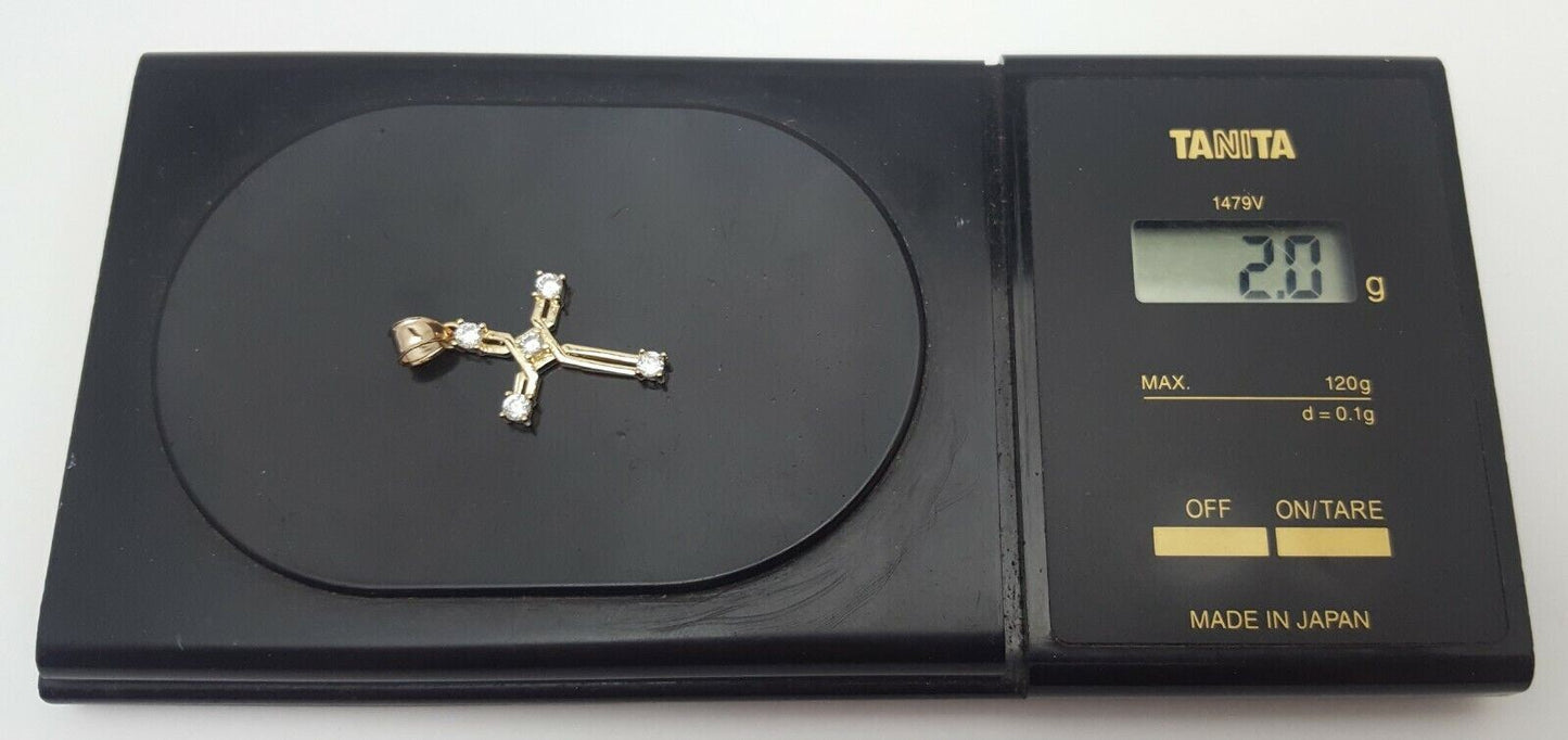 14K Solid Yellow Gold Religious Cubic Zirconia Cross Charm Pendant