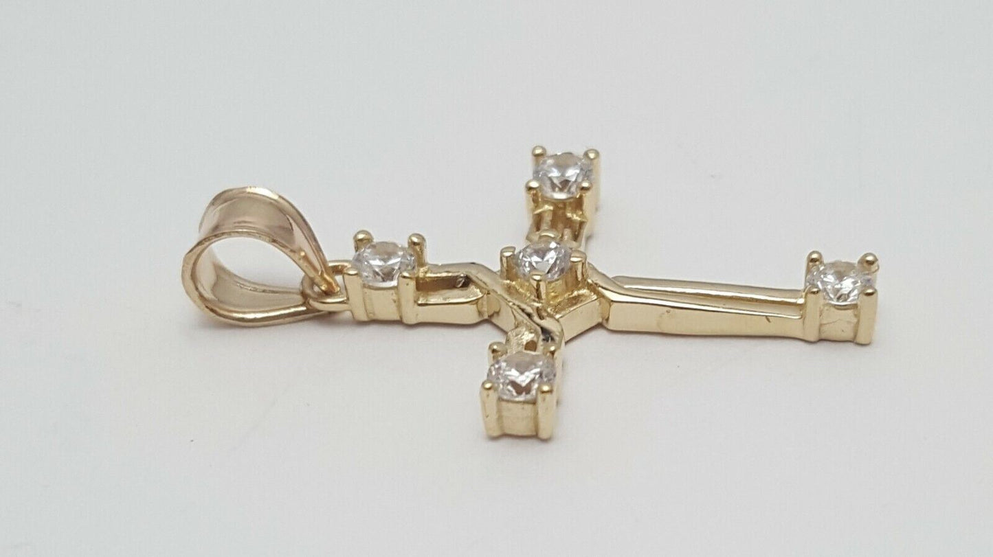 14K Solid Yellow Gold Religious Cubic Zirconia Cross Charm Pendant