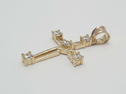 14K Solid Yellow Gold Religious Cubic Zirconia Cross Charm Pendant