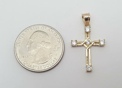 14K Solid Yellow Gold Religious Cubic Zirconia Cross Charm Pendant