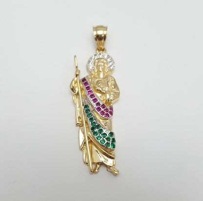 14K Solid Yellow Gold Religious Saint Jude Cubic Zirconia Charm Pendant