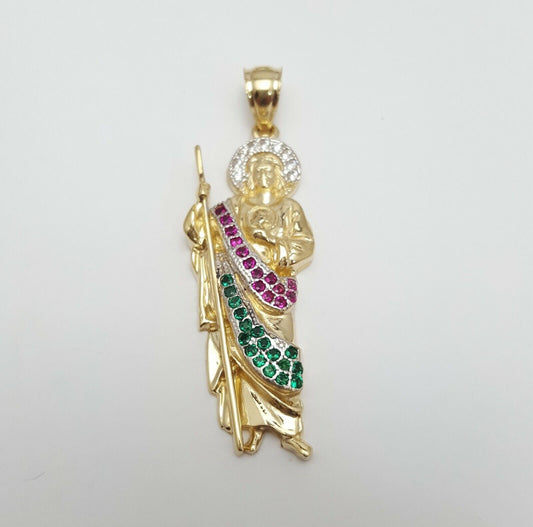 14K Solid Yellow Gold Religious Saint Jude Cubic Zirconia Charm Pendant