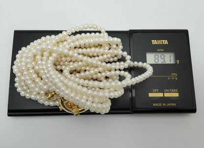 14K Yellow Gold Graduated 6 Six Strand Row Pearl Necklace