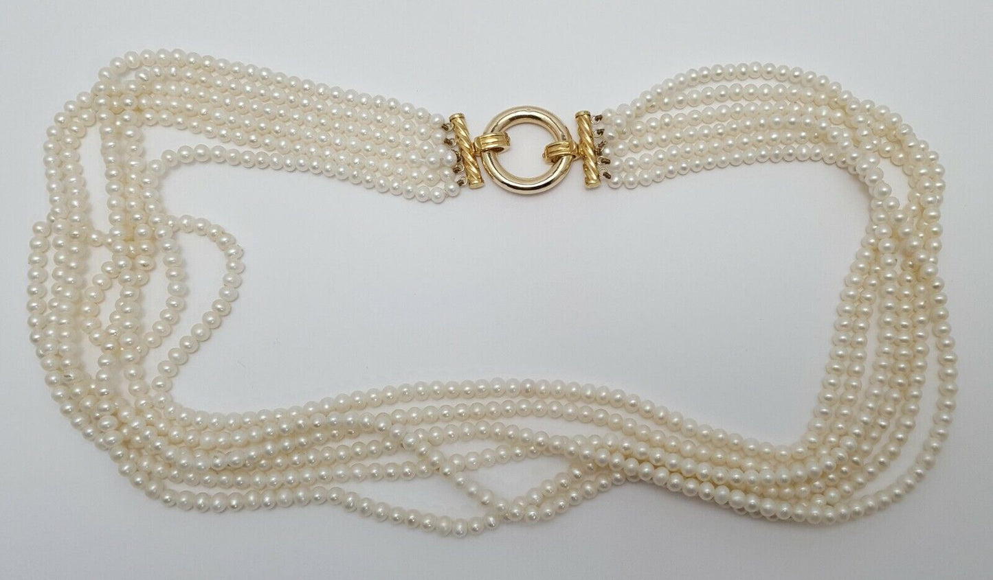 14K Yellow Gold Graduated 6 Six Strand Row Pearl Necklace