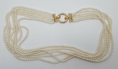 14K Yellow Gold Graduated 6 Six Strand Row Pearl Necklace