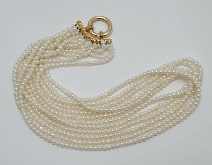 14K Yellow Gold Graduated 6 Six Strand Row Pearl Necklace