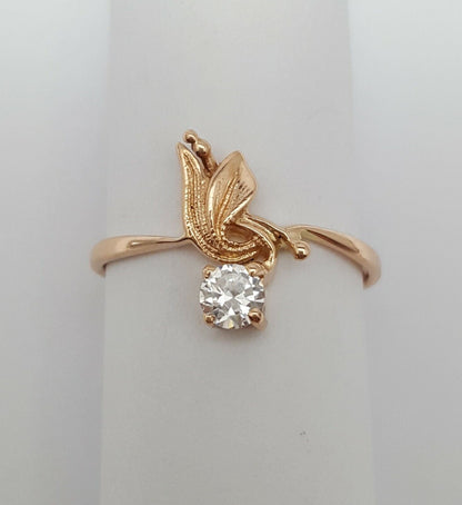 14K Rose Gold USSR Designer Leaf Cubic Zirconia Ring