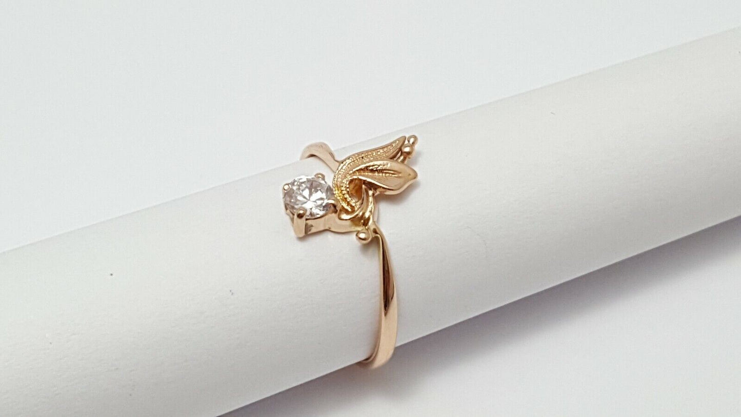 14K Rose Gold USSR Designer Leaf Cubic Zirconia Ring