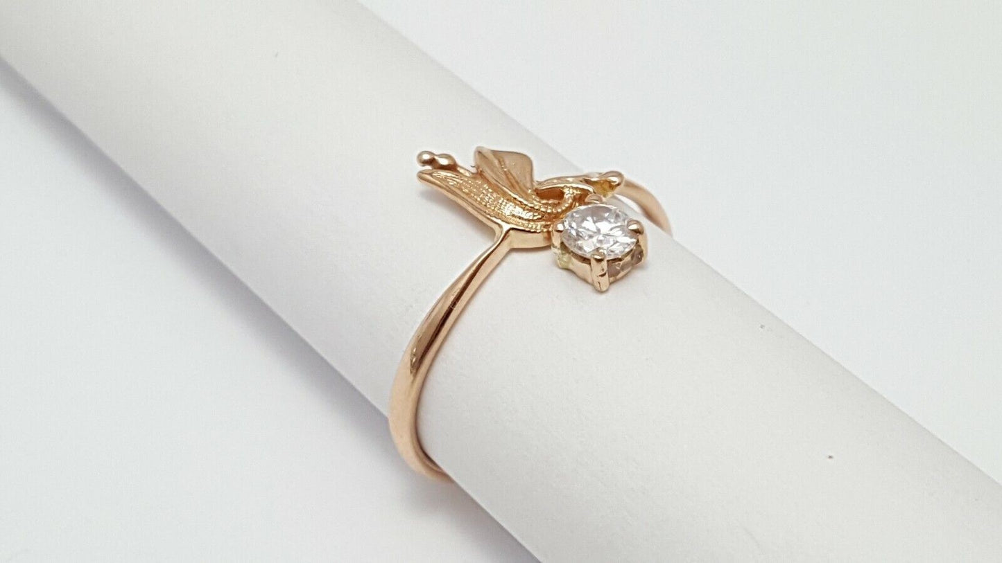 14K Rose Gold USSR Designer Leaf Cubic Zirconia Ring