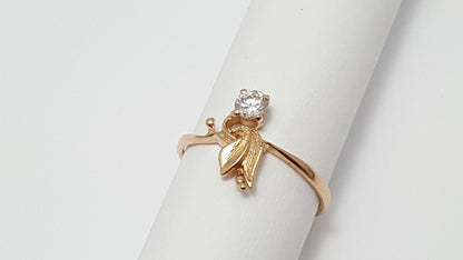 14K Rose Gold USSR Designer Leaf Cubic Zirconia Ring