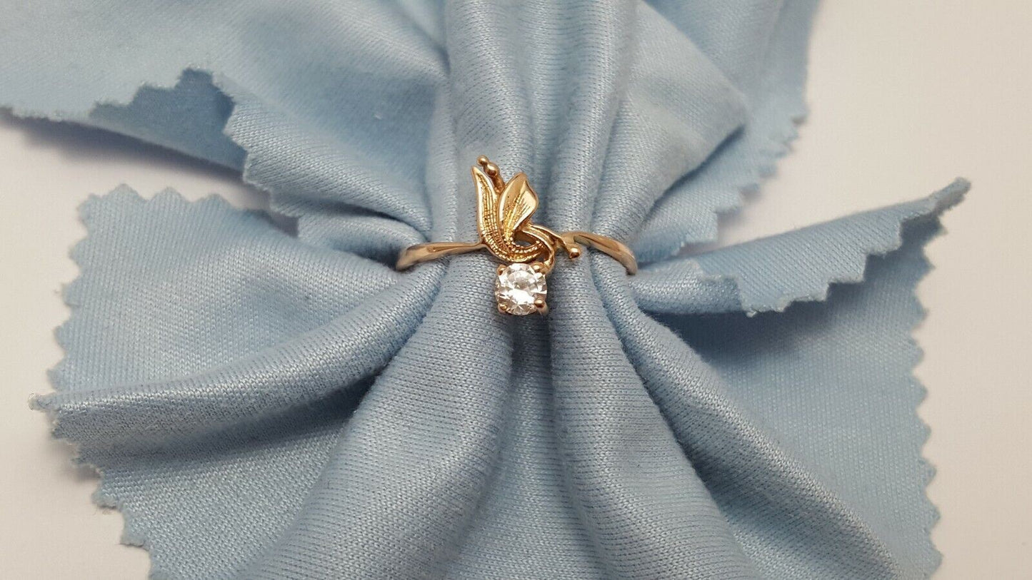 14K Rose Gold USSR Designer Leaf Cubic Zirconia Ring