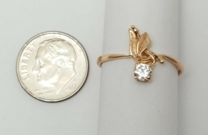 14K Rose Gold USSR Designer Leaf Cubic Zirconia Ring