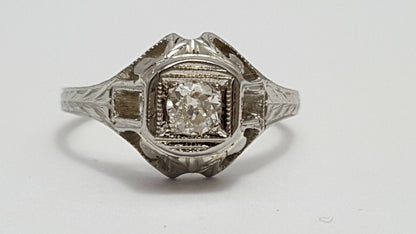 Vintage 18K Solid White Gold Art Deco Ladies Diamond Wedding Engagement Ring