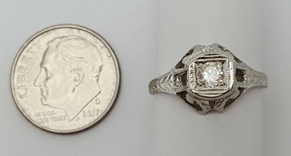 Vintage 18K Solid White Gold Art Deco Ladies Diamond Wedding Engagement Ring