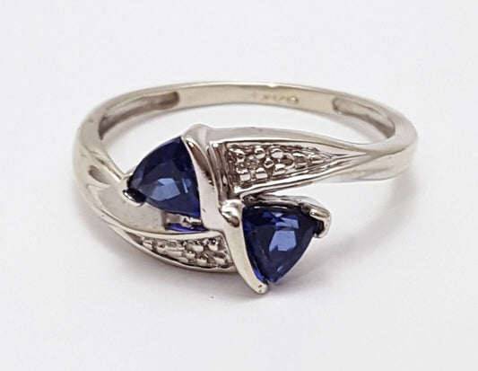 14K Solid White Gold Designer Triangle Blue Crystal & Diamond Ring