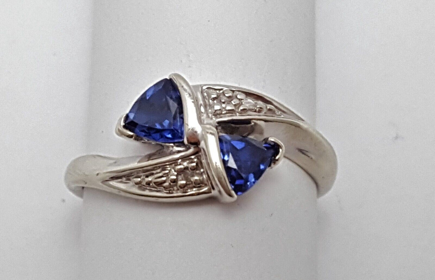 14K Solid White Gold Designer Triangle Blue Crystal & Diamond Ring