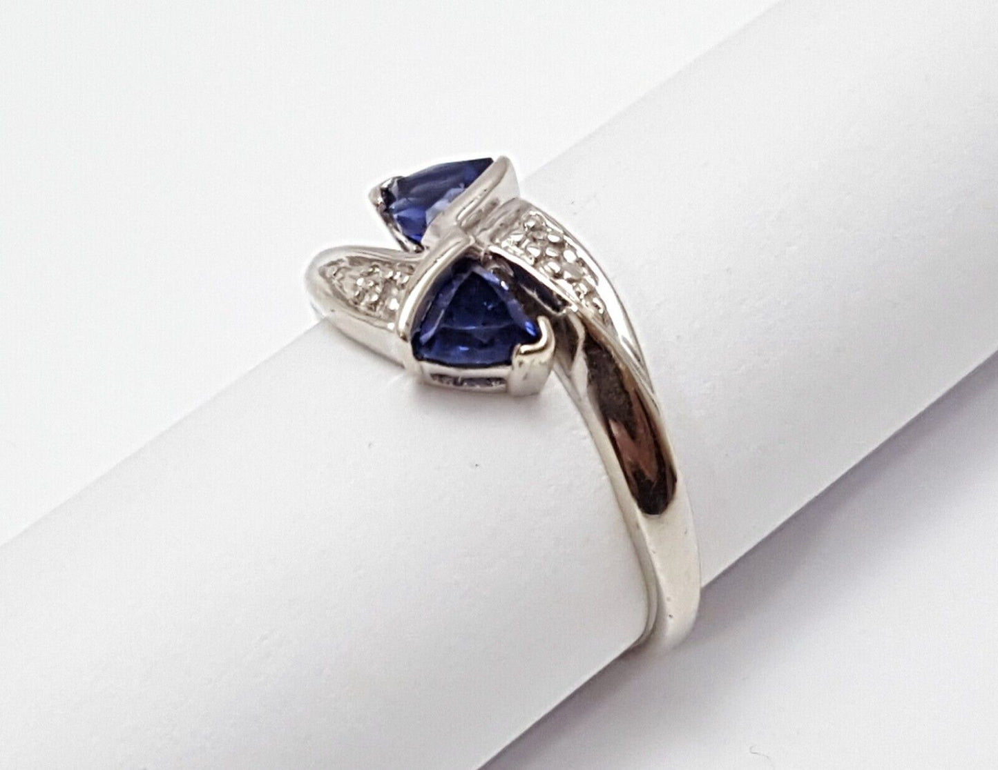 14K Solid White Gold Designer Triangle Blue Crystal & Diamond Ring