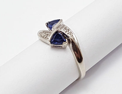 14K Solid White Gold Designer Triangle Blue Crystal & Diamond Ring