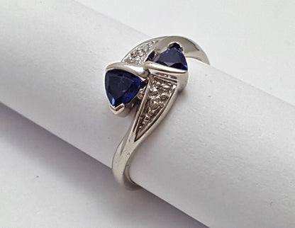 14K Solid White Gold Designer Triangle Blue Crystal & Diamond Ring