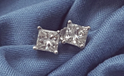 14K White Gold Square Princess Cut Diamond Earrings