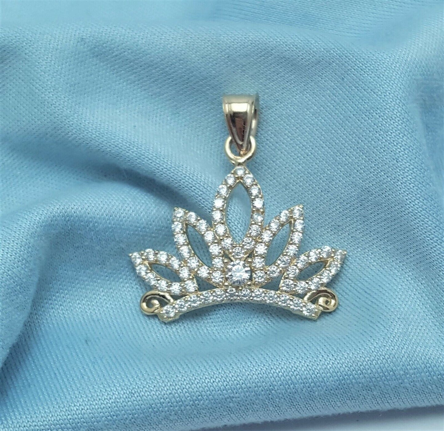 14K Solid Yellow Gold Cubic Zirconia Tiara Crown Charm Pendant