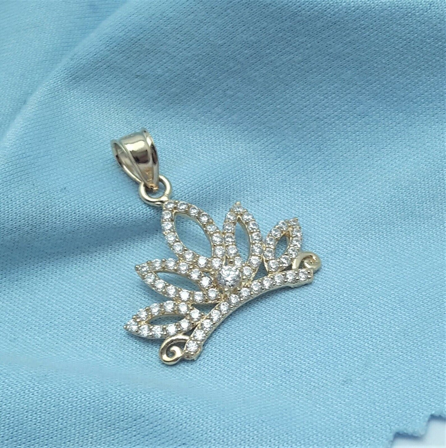 14K Solid Yellow Gold Cubic Zirconia Tiara Crown Charm Pendant