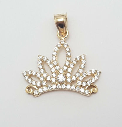 14K Solid Yellow Gold Cubic Zirconia Tiara Crown Charm Pendant