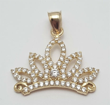 14K Solid Yellow Gold Cubic Zirconia Tiara Crown Charm Pendant