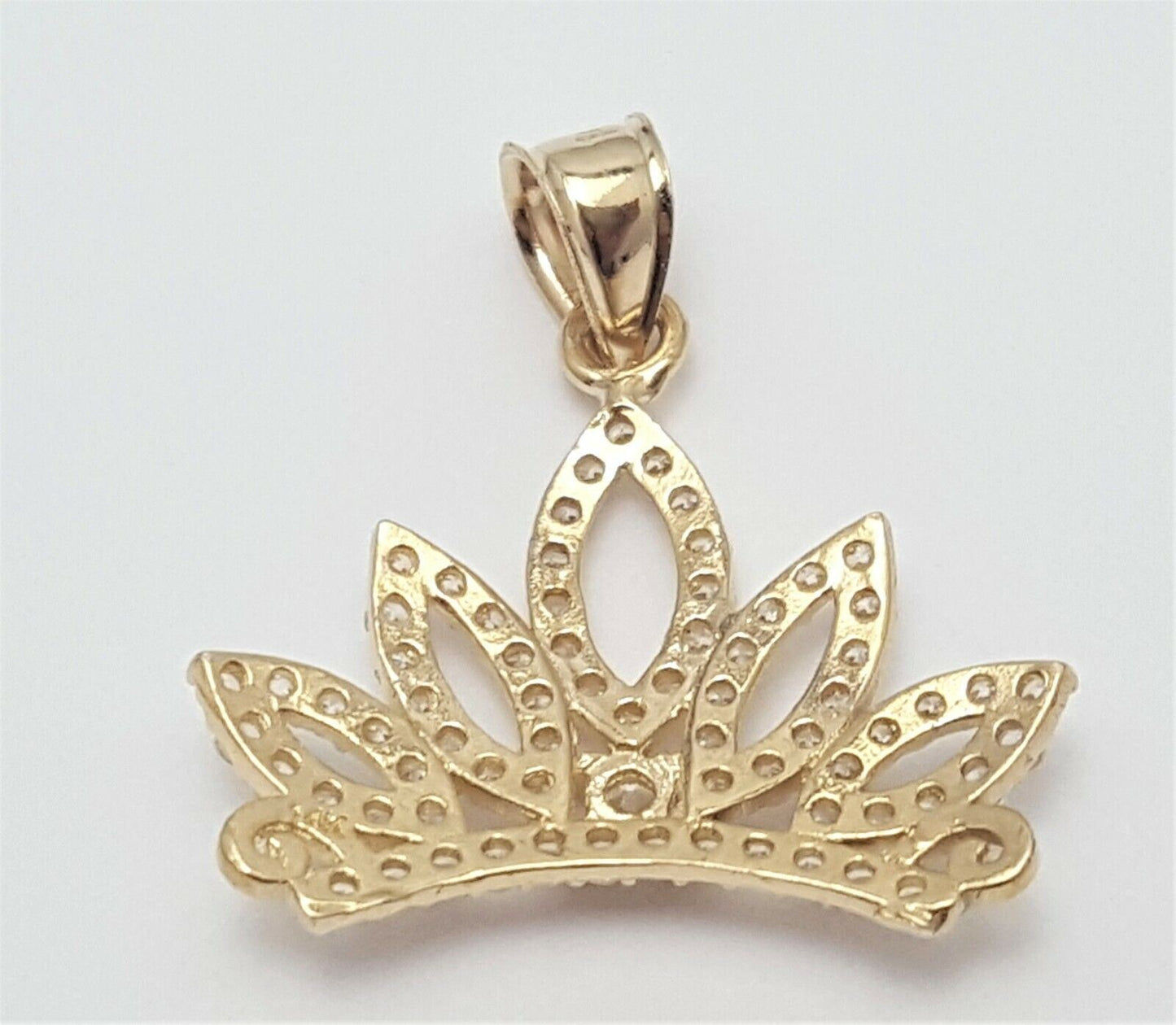 14K Solid Yellow Gold Cubic Zirconia Tiara Crown Charm Pendant