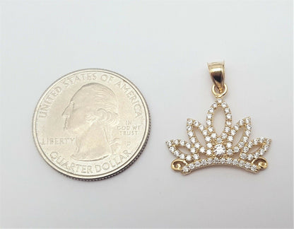 14K Solid Yellow Gold Cubic Zirconia Tiara Crown Charm Pendant