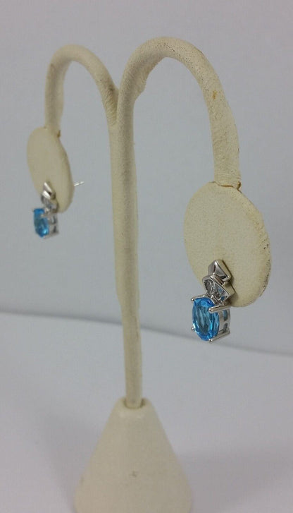 14K White Gold Designer Blue Topaz and Diamond Earrings