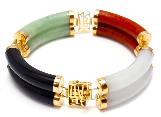 14K Yellow Gold Jade & Onyx Multi Colored Gemstone Bracelet