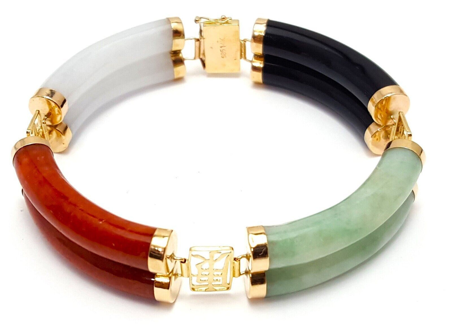 14K Yellow Gold Jade & Onyx Multi Colored Gemstone Bracelet