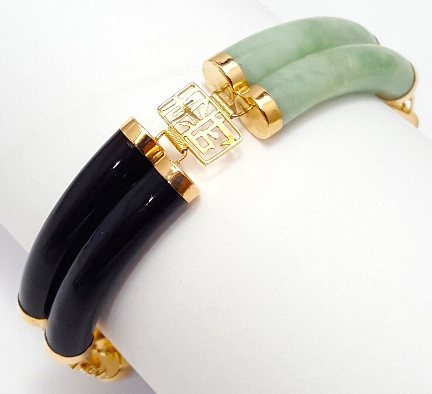 14K Yellow Gold Jade & Onyx Multi Colored Gemstone Bracelet