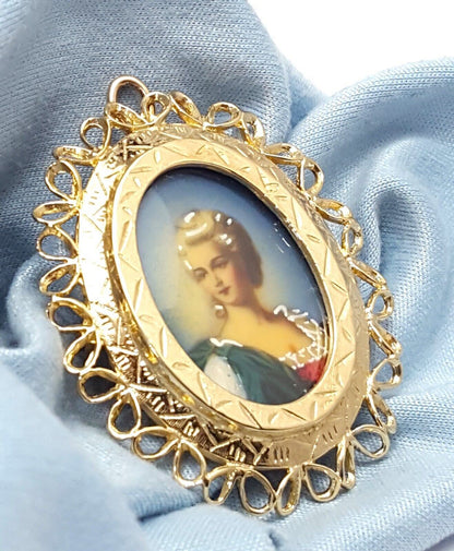 Vintage Victorian 14K Solid Yellow Gold Designer Enamel Brooch Pin Charm Pendant