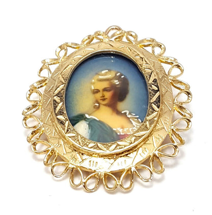 Vintage Victorian 14K Solid Yellow Gold Designer Enamel Brooch Pin Charm Pendant