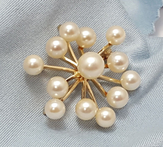 14K Solid Yellow Gold Designer Natural Pearls Brooch Pin