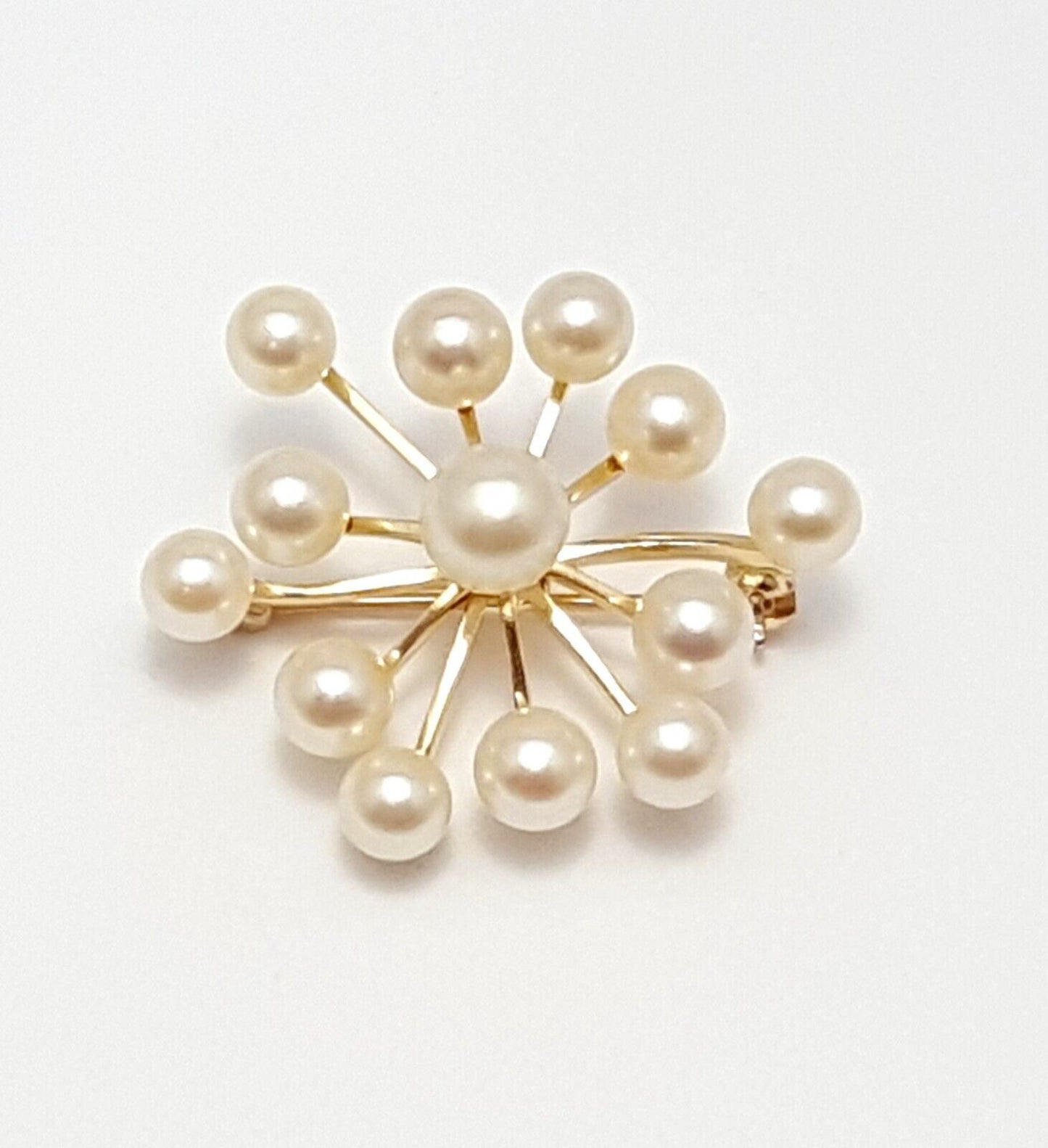 14K Solid Yellow Gold Designer Natural Pearls Brooch Pin