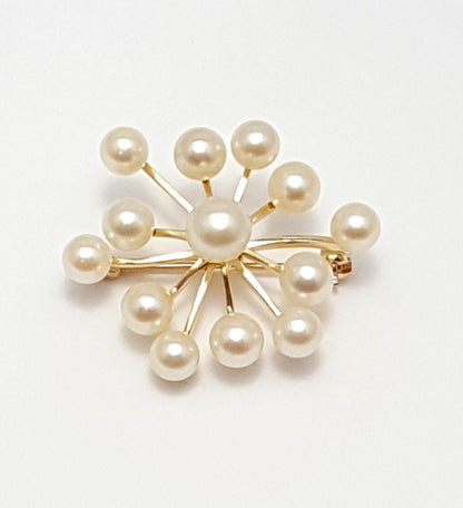 14K Solid Yellow Gold Designer Natural Pearls Brooch Pin