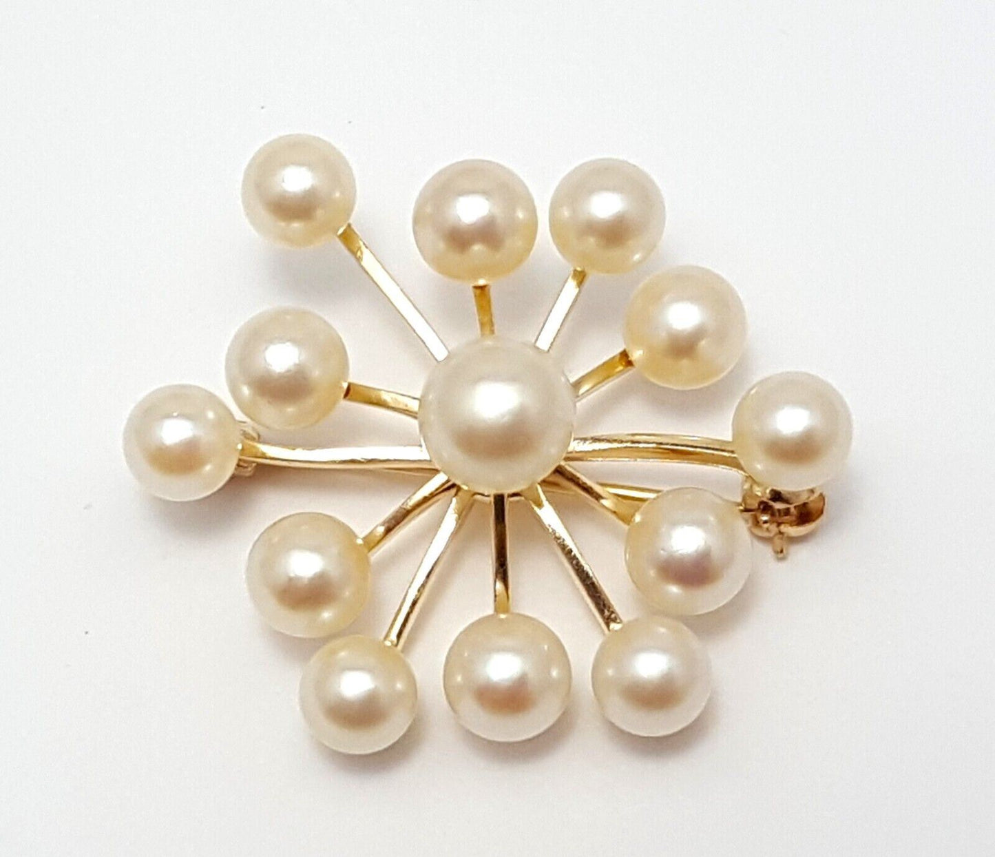 14K Solid Yellow Gold Designer Natural Pearls Brooch Pin