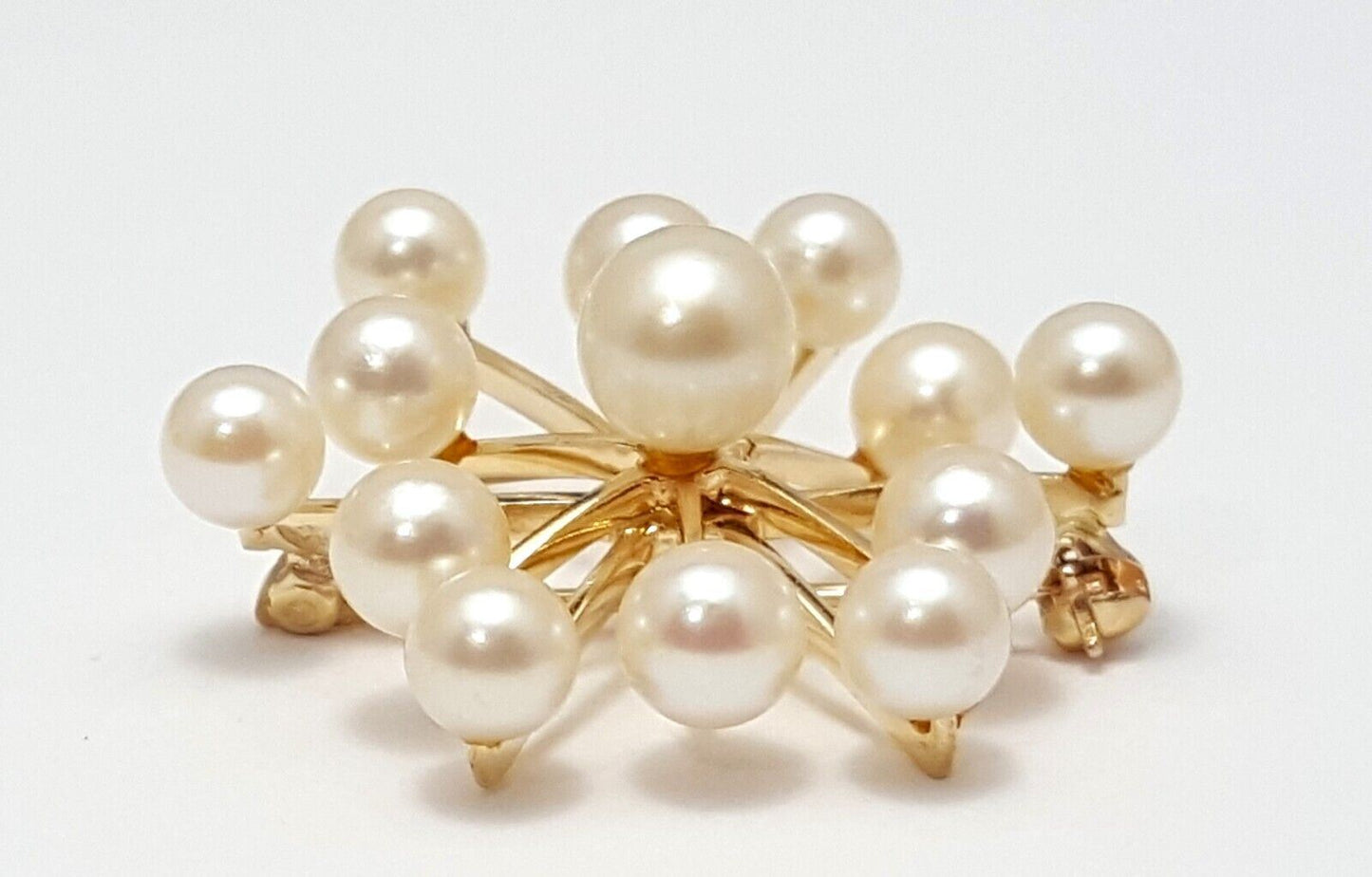 14K Solid Yellow Gold Designer Natural Pearls Brooch Pin