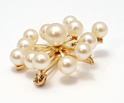 14K Solid Yellow Gold Designer Natural Pearls Brooch Pin