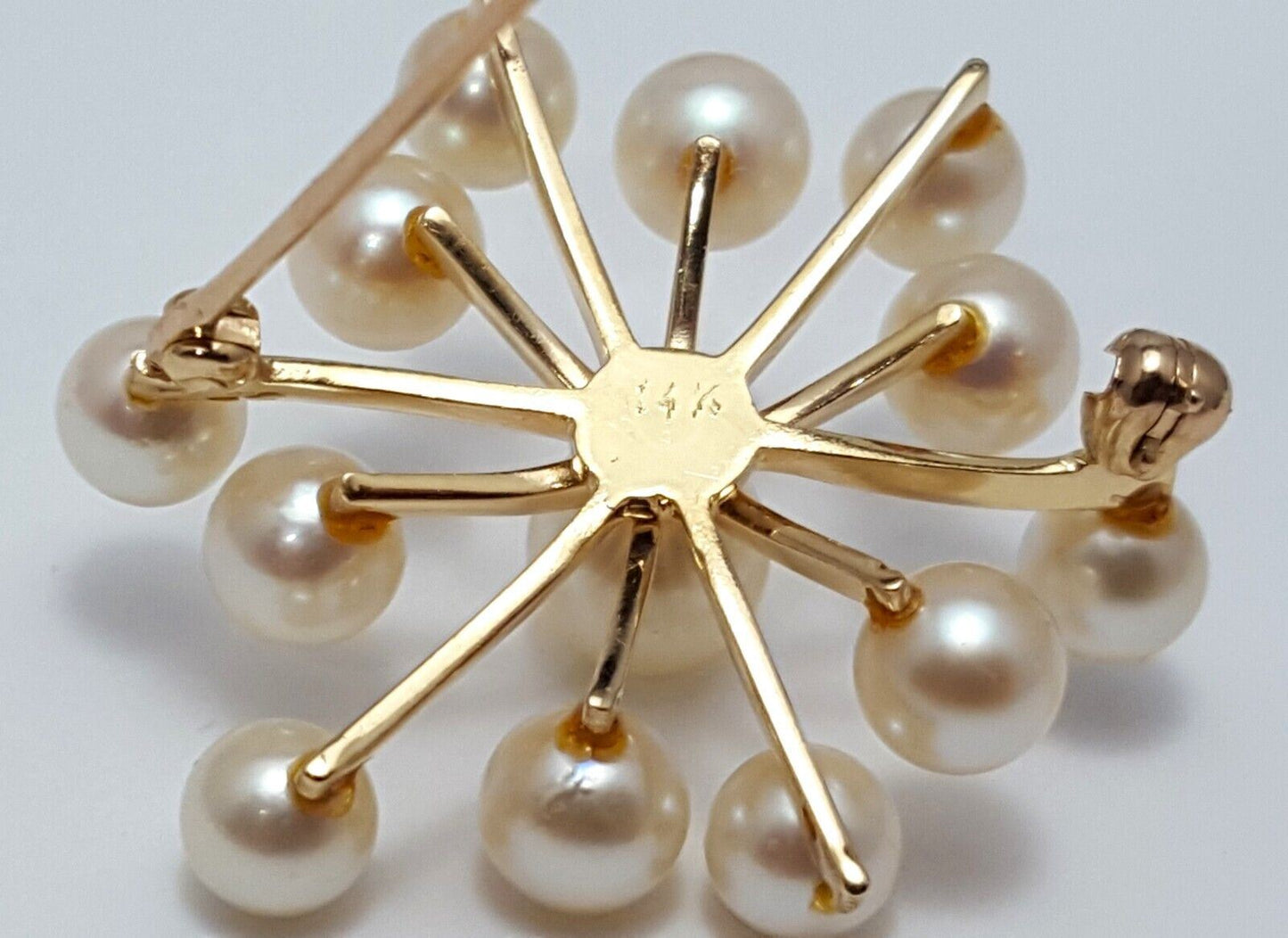 14K Solid Yellow Gold Designer Natural Pearls Brooch Pin