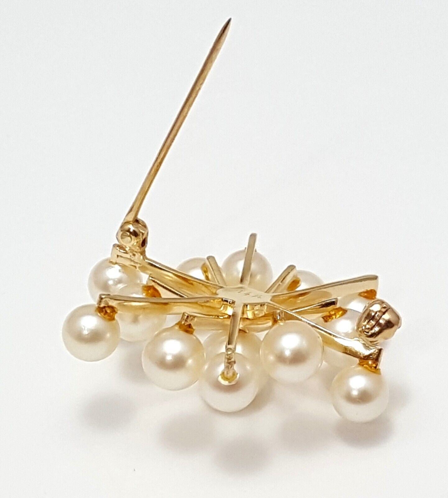 14K Solid Yellow Gold Designer Natural Pearls Brooch Pin