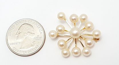 14K Solid Yellow Gold Designer Natural Pearls Brooch Pin