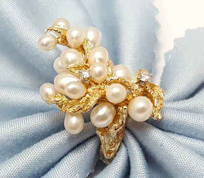 14K Solid Yellow Gold Designer Tree Cluster Diamond & Pearl Ring