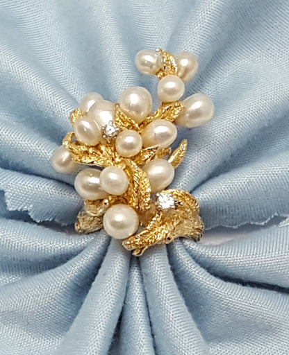 14K Solid Yellow Gold Designer Tree Cluster Diamond & Pearl Ring