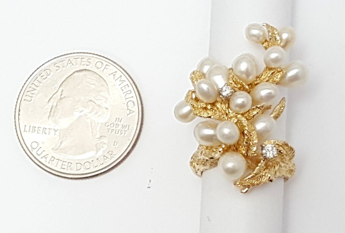 14K Solid Yellow Gold Designer Tree Cluster Diamond & Pearl Ring