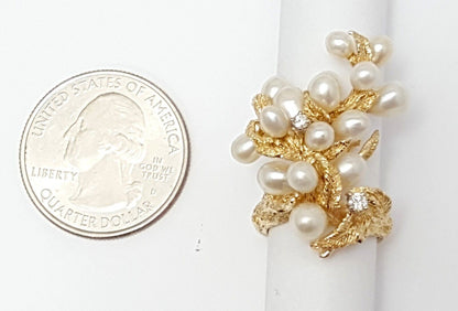 14K Solid Yellow Gold Designer Tree Cluster Diamond & Pearl Ring