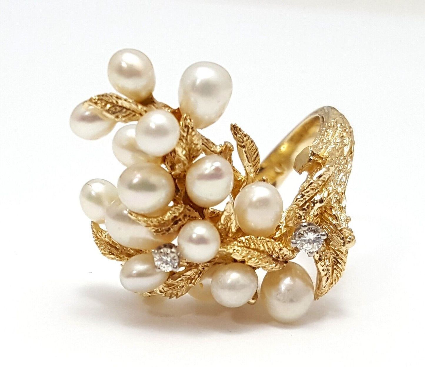 14K Solid Yellow Gold Designer Tree Cluster Diamond & Pearl Ring